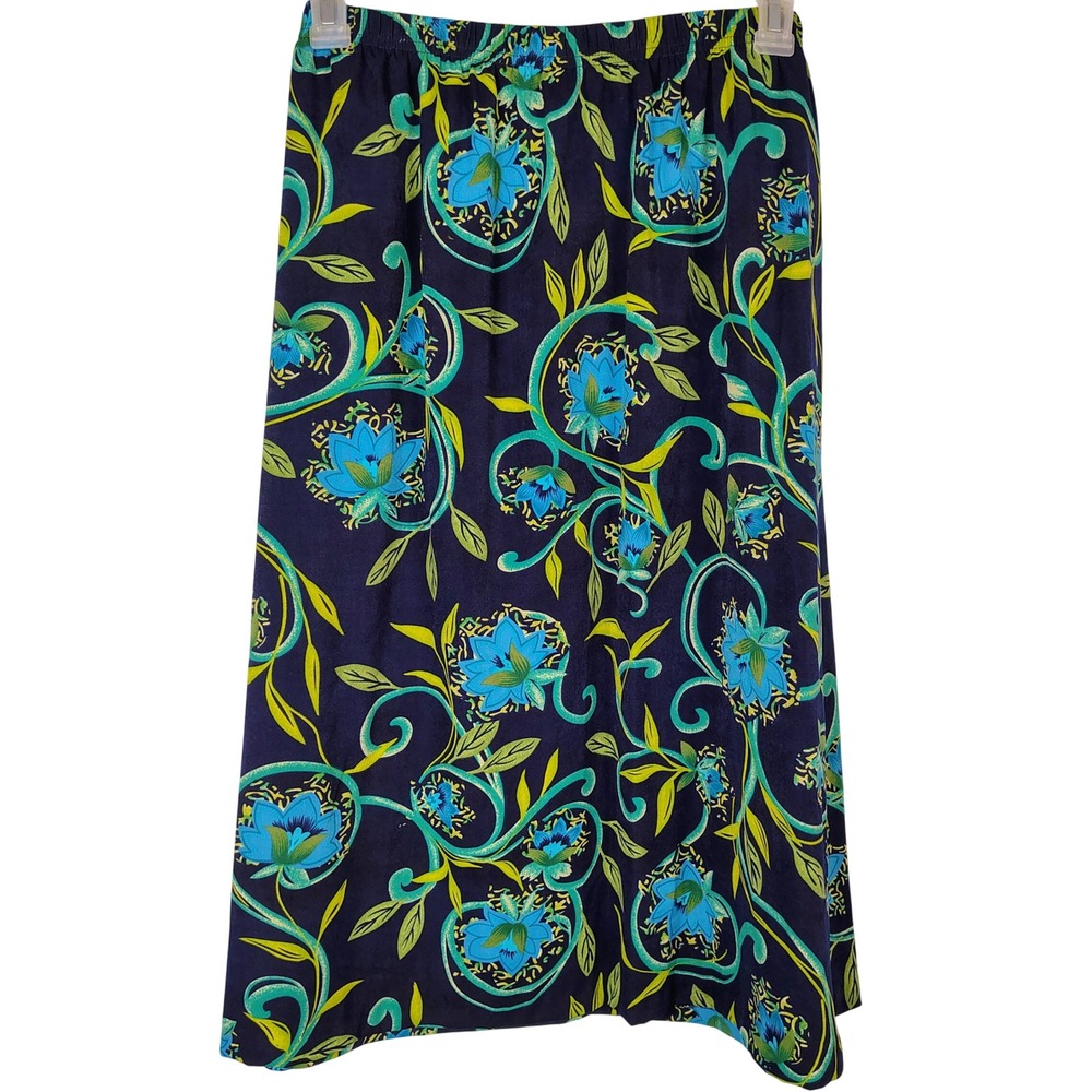 Floral Midi Skirt Purple Blue Green Tropical Print Elastic Waist Plus 1X
